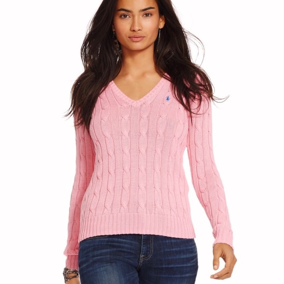 Ralph Lauren Sweaters - Ralph Lauren Pink V Neck Cable Knit Sweater NWT